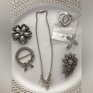 Lot 6 Pieces Costume Jewelry Silver Cubic Zirconia Pins Necklace Brooch Vtg New